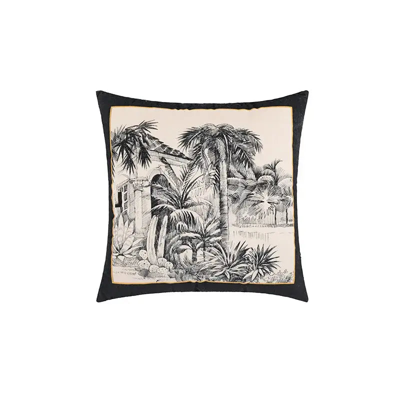 Beige cartoon print velvet cushion cover with black border and intricate jungle cartoon decorbites jungle cartoon design
