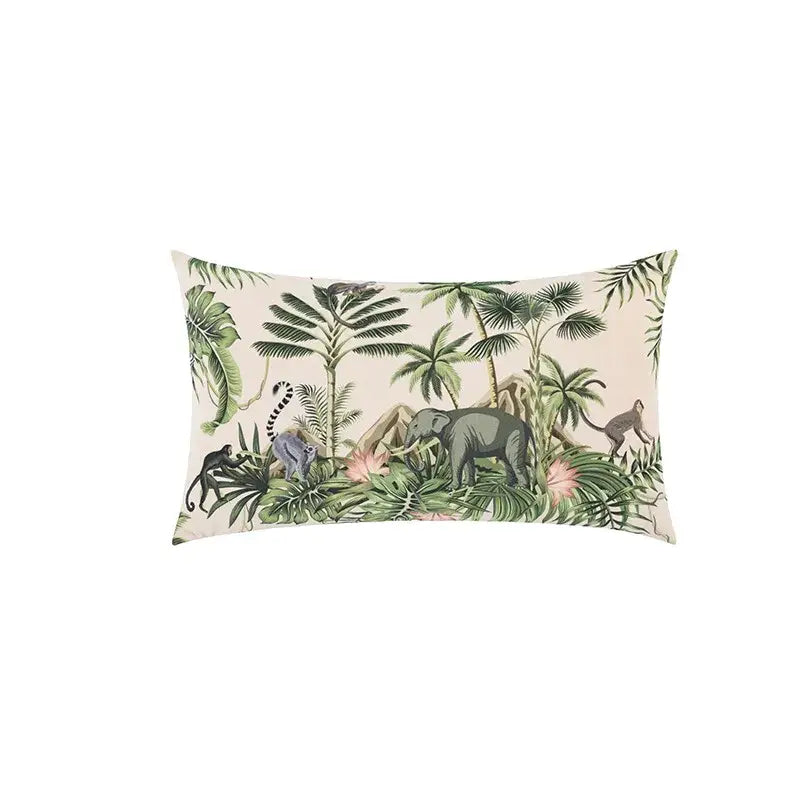 Beige cartoon print velvet cushion cover with jungle decorbites jungle cartoon featuring elephant and monkeys design