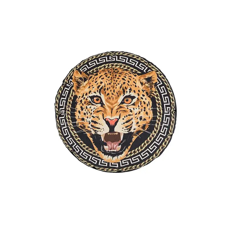 Beige cartoon print velvet cushion cover featuring a circular leopard head patch with decorbites jungle cartoon design