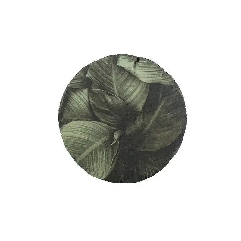 Beige velvet cushion cover with circular shape featuring detailed monochromatic green leaf pattern for jungle decorbites jungle cartoon decor