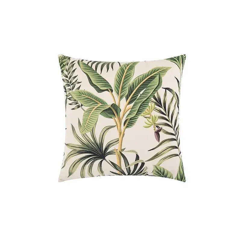 Beige velvet cushion cover with tropical cartoon print of green banana leaves for decorbites jungle cartoon decor
