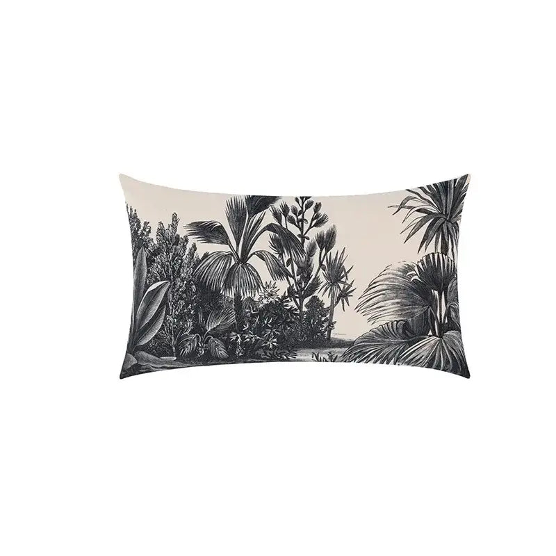 Beige velvet cushion cover with black and cream cartoon print tropical jungle illustration for decorbites jungle cartoon decor