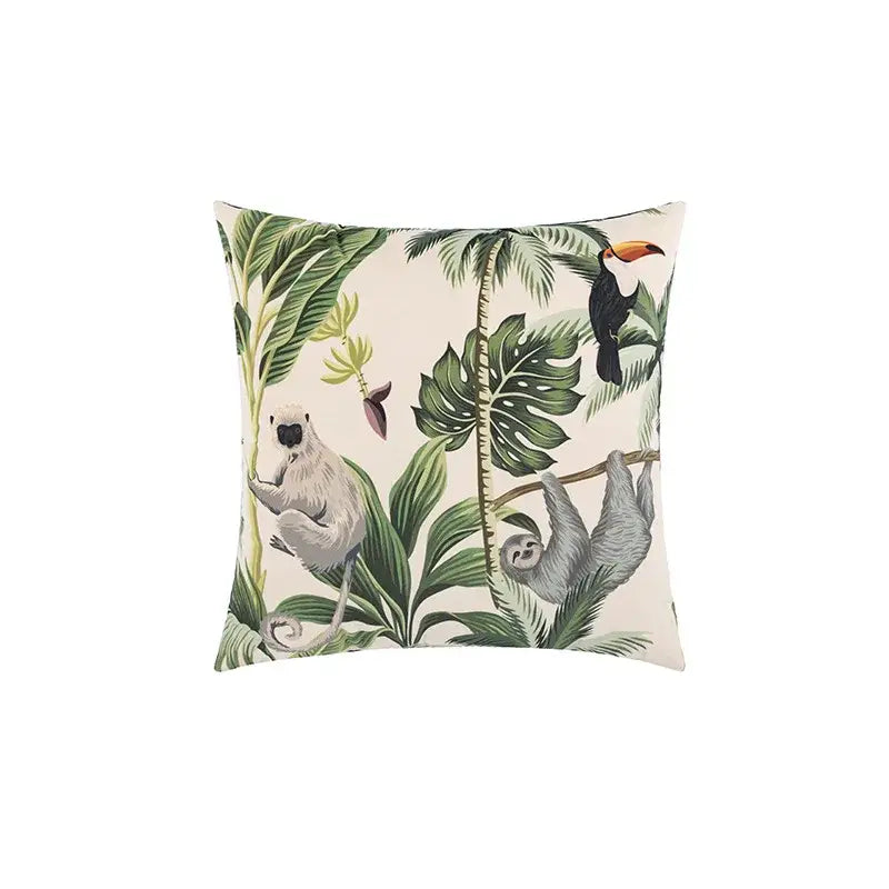 Beige velvet cushion cover with cartoon print of toucan and monkeys on green leaves for decorbites jungle cartoon decor