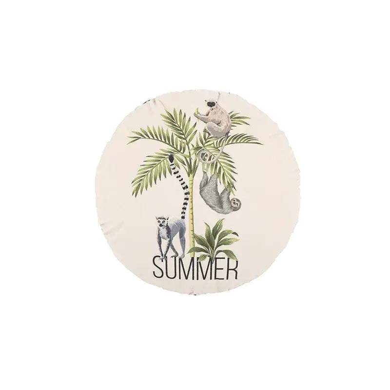 Beige velvet circular cushion cover with cartoon print lemur design and summer text for decorbites jungle cartoon decor