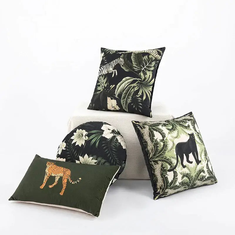 Black and green jungle-themed cushion cover with embroidered cartoon print animals on velvet for living room decorbites jungle cartoon decor