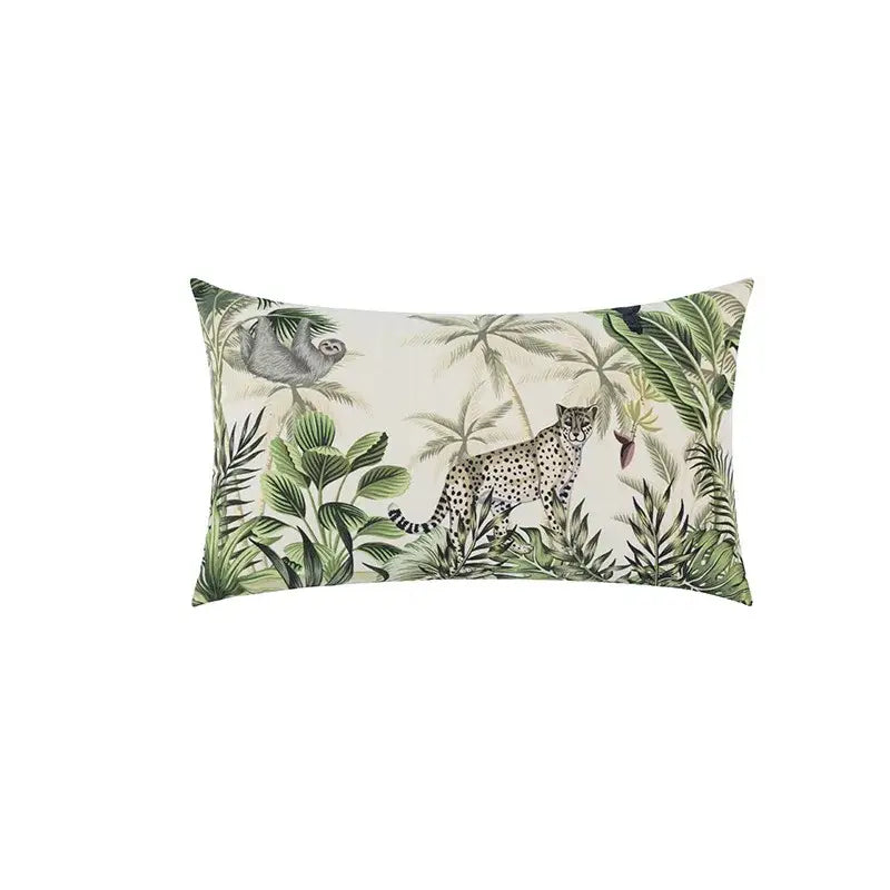 Rectangular beige velvet cushion cover with cartoon print jungle decorbites jungle cartoon featuring cheetah and sloth design