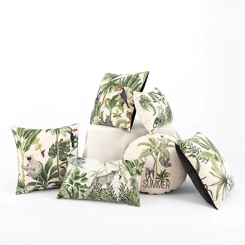 Beige velvet cushion cover with cartoon print and black trim featuring decorbites jungle cartoon for living room decor