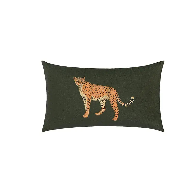 Dark green velvet cushion cover with embroidered tan cheetah cartoon print decorbites jungle decor for living room