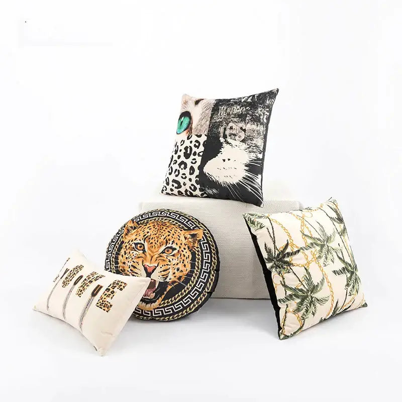 Beige velvet cartoon print cushion cover with circular leopard face and black greek key border for decorbites jungle cartoon decor
