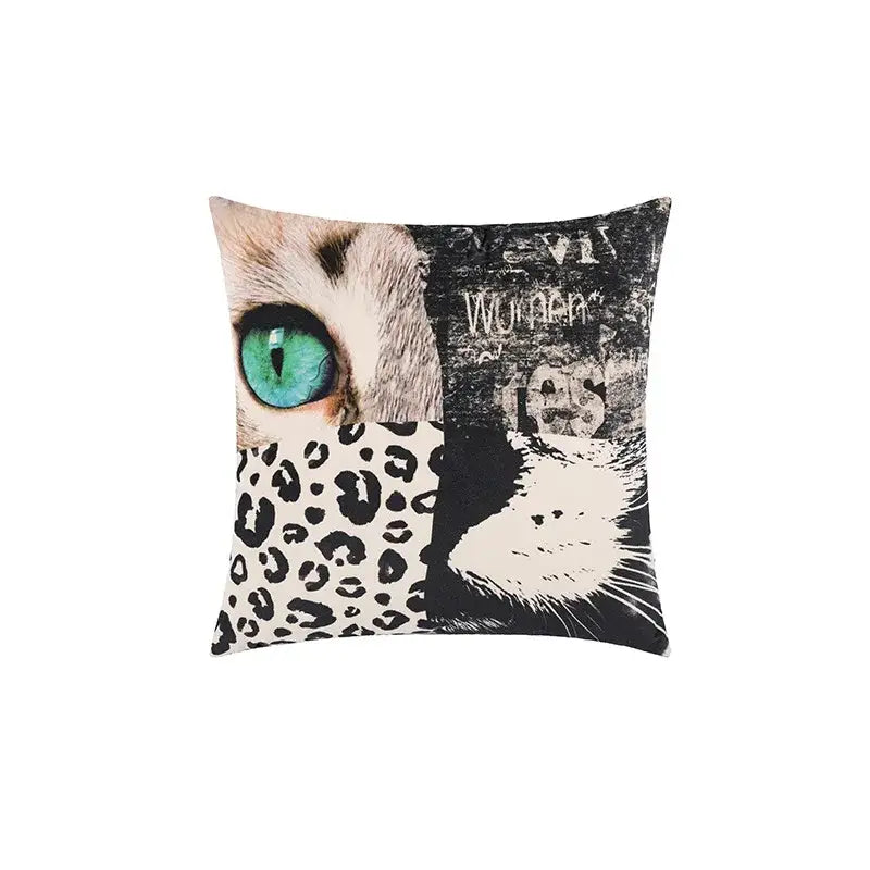 Beige velvet square cushion cover with green-eyed cat cartoon print and leopard decorbites jungle cartoon design