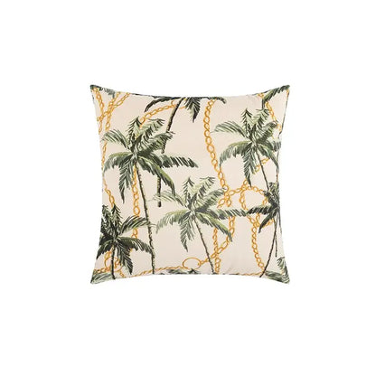 Square cream velvet cushion cover with tropical green palm trees and gold chain print for decorbites jungle cartoon decor