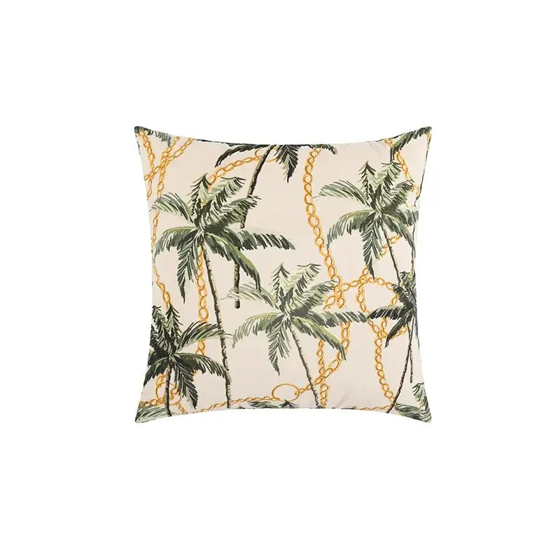 Square cream velvet cushion cover with tropical green palm trees and gold chain print for decorbites jungle cartoon decor