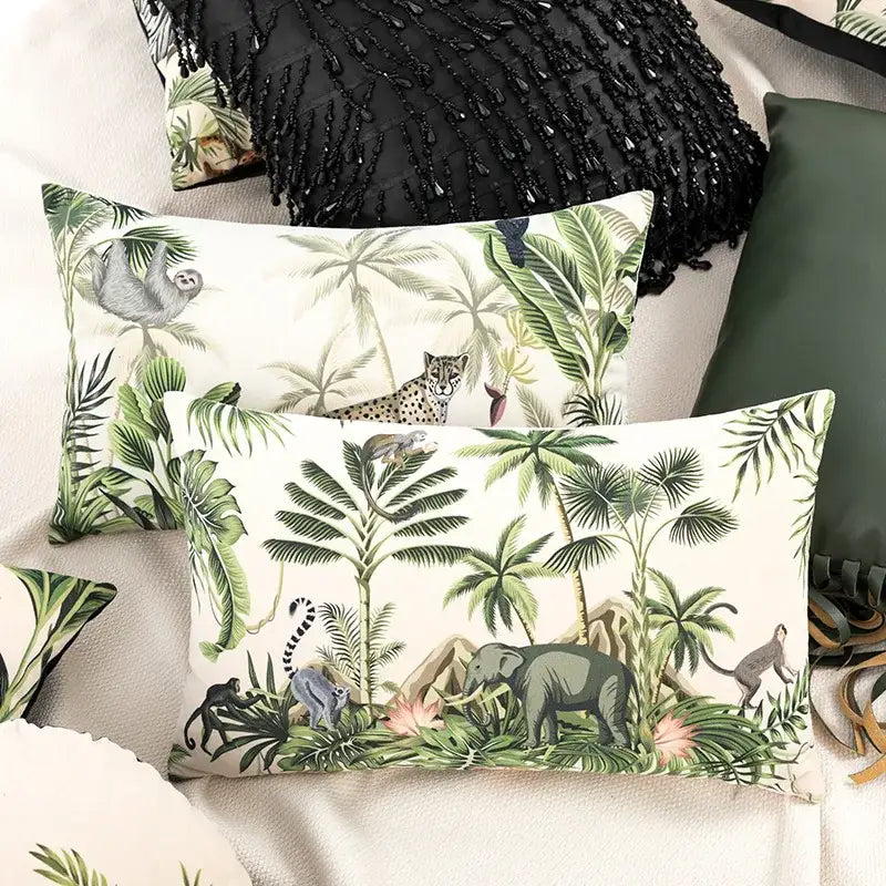 Beige cartoon print velvet cushion cover with tropical jungle decor featuring green foliage elephants and sloths