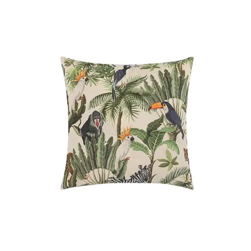Beige cartoon print velvet cushion cover featuring vibrant jungle decorbites jungle cartoon with toucans monkeys zebras