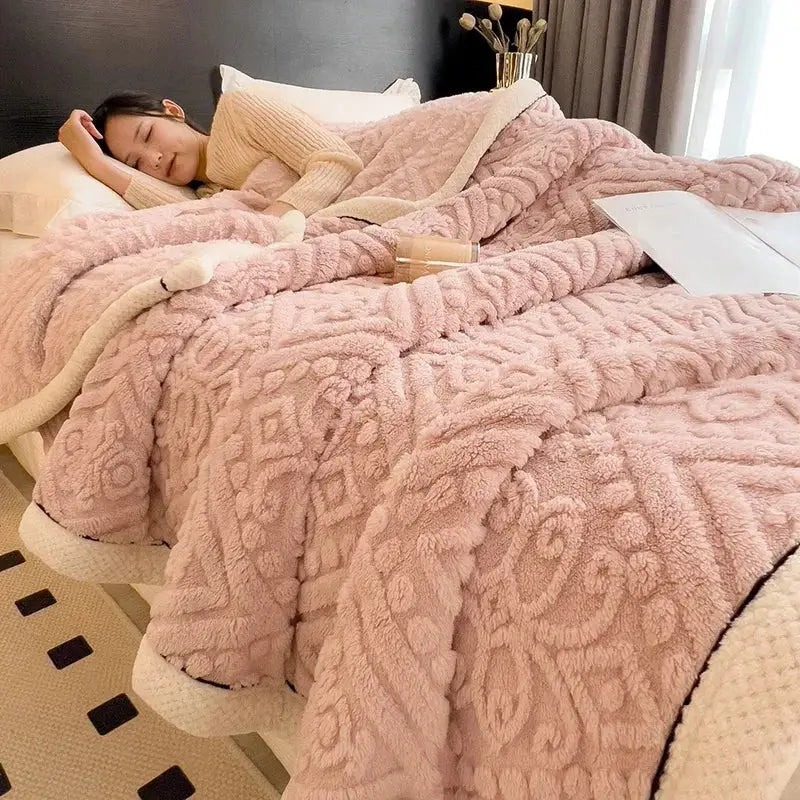 Pink plush quilted warmth blanket with cream fleece lining and soft textured pattern for decorbites carved velvet throw