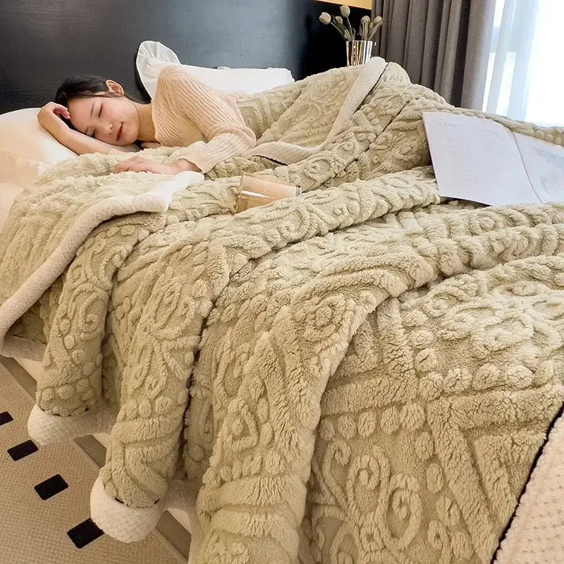 Beige carved velvet warmth blanket with cream textured floral plush and soft fleece lining for bedroom or sofa decorbites carved velvet