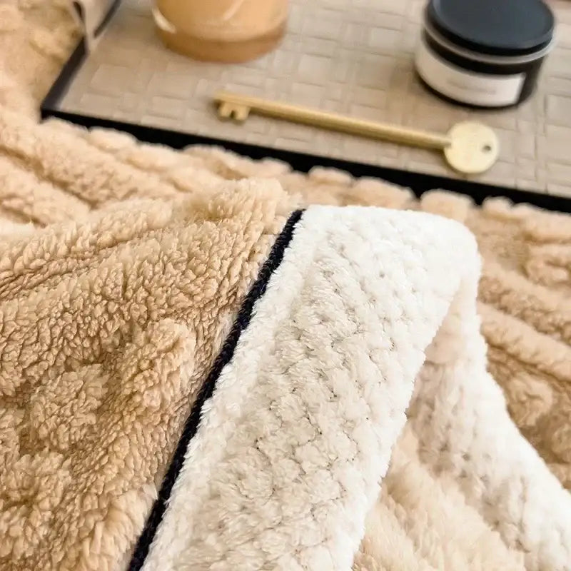 Beige carved velvet warmth blanket with cream sherpa lining and black trim for bedroom plush sofa decorbites carved velvet