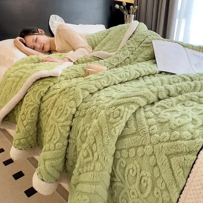 A beige carved velvet warmth blanket with light green fleece, raised floral pattern, and cream lining for sofa decorbites carved velvet