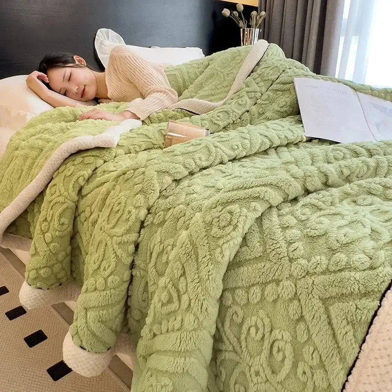 A beige carved velvet warmth blanket with light green fleece, raised floral pattern, and cream lining for sofa decorbites carved velvet