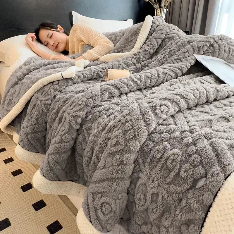 Beige carved velvet warmth blanket with gray plush textured throw and cream fleece lining for sofa and bedroom decorbites carved velvet