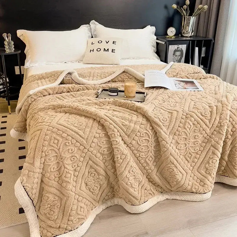 Beige carved velvet warmth blanket with intricate embroidered geometric patterns and cream rope-like border by decorbites carved velvet