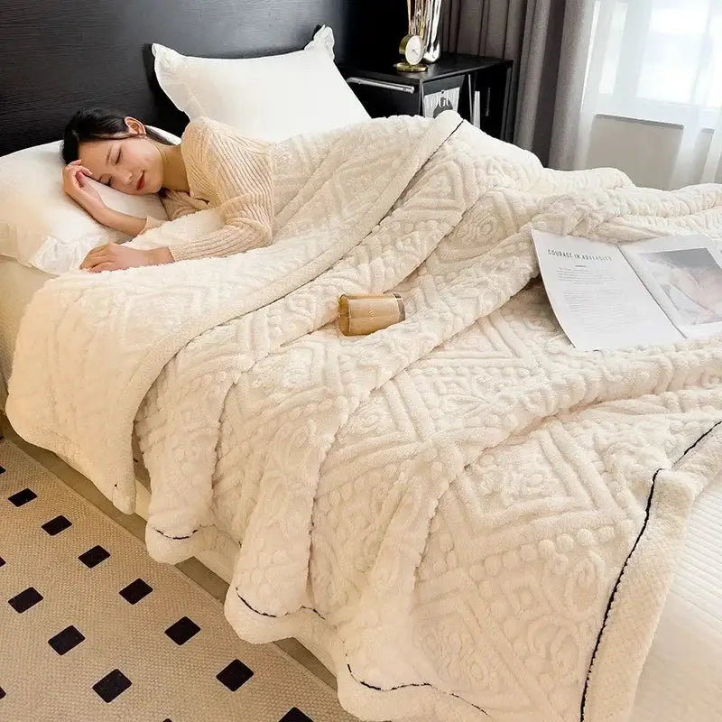 Beige carved velvet warmth blanket with cream plush texture diamond pattern and black stitched edges decorbites carved velvet