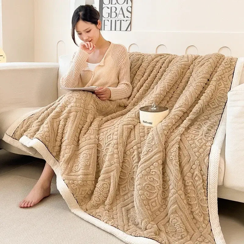 Beige carved velvet warmth blanket with plush textured surface and contrasting white inner lining for sofa decorbites carved velvet