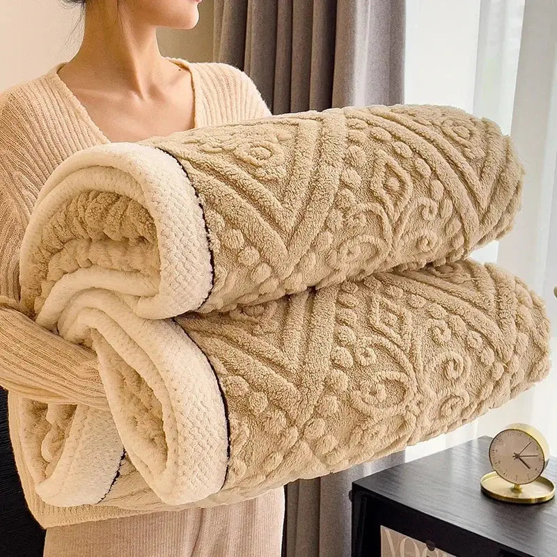 Beige carved velvet warmth blanket with intricate embroidered floral pattern and soft textured surface for decorbites