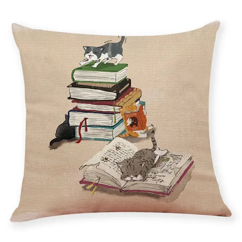 Beige linen cushion cover featuring creative cat illustration among books pillow case 45x45cm for living room decorbites