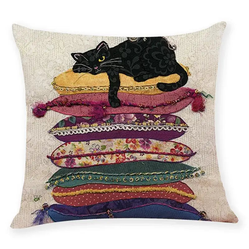 Beige cushion cover 45x45cm featuring a black cat on colorful embroidered pillows by decorbites creative cat pillow case