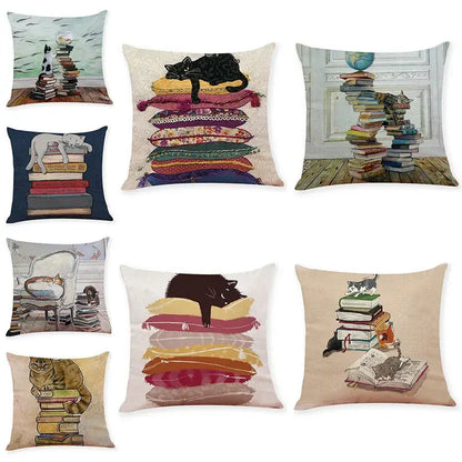 Beige cat and books cushion cover pillow case 45x45cm featuring whimsical decorbites creative cat illustrations