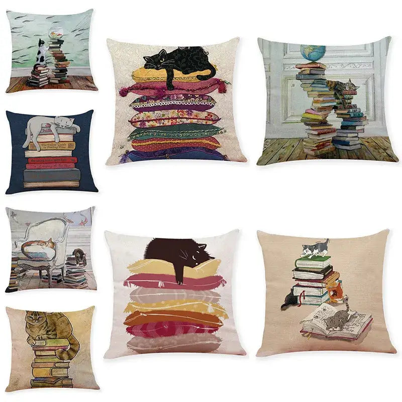 Beige cat and books cushion cover pillow case 45x45cm featuring whimsical decorbites creative cat illustrations