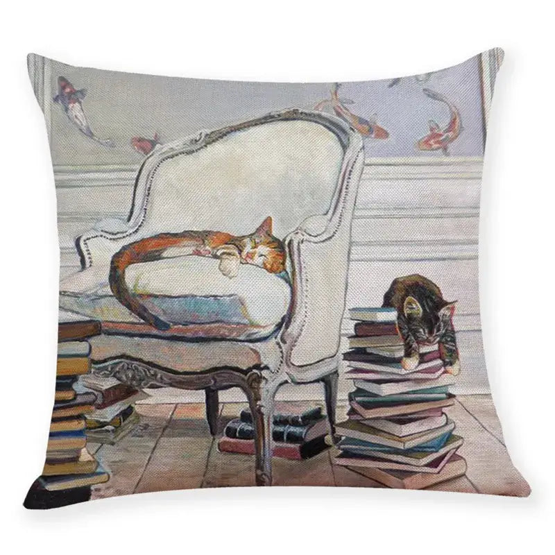 Beige cushion cover pillow case 45x45cm with decorbites creative cat design featuring two cats and koi fish scene