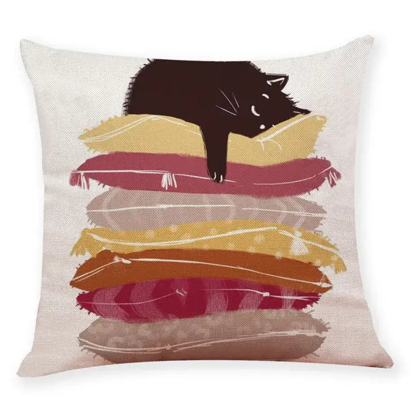 Beige cat and books cushion cover pillow case 45x45cm featuring a black cat illustration on colorful stacked pillows decorbites creative cat