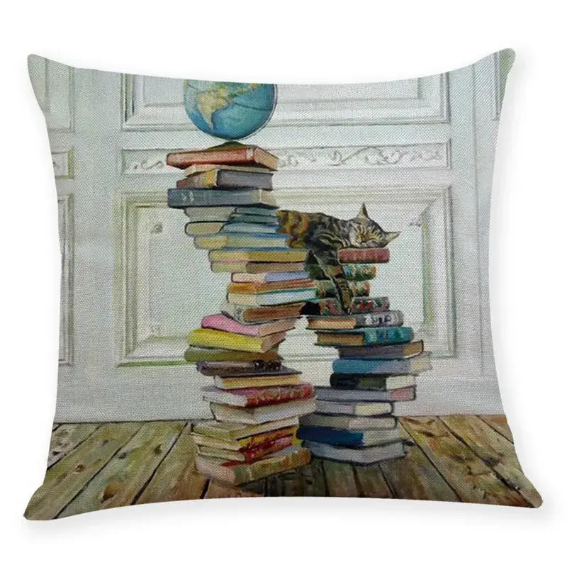 Beige cushion cover pillow case 45x45cm with printed stacked books scene featuring a sleeping tabby cat decorbites creative cat