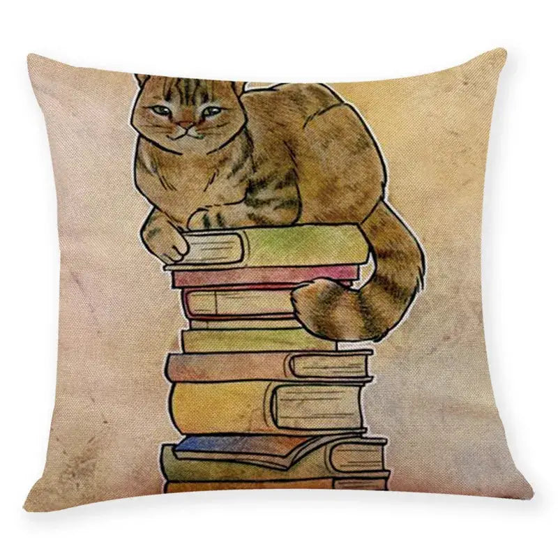 Square cushion cover beige pillow case 45x45cm featuring decorbites creative cat on books for living room decor