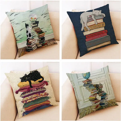Set of four decorbites creative cat cushion covers 45x45cm with beige cat and books printed pillow cases