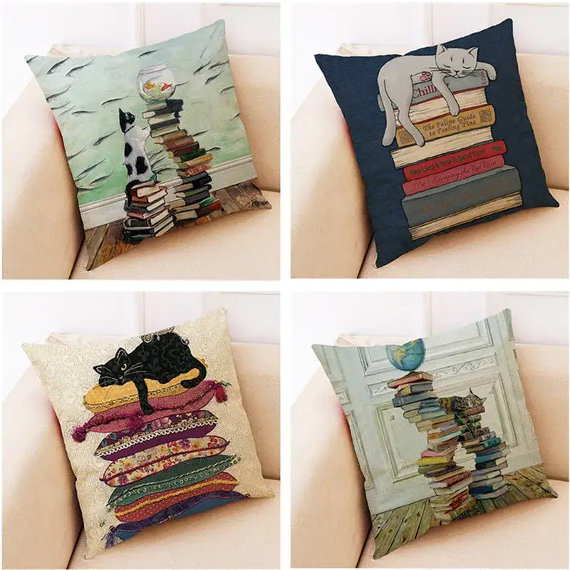 Set of four decorbites creative cat cushion covers 45x45cm with beige cat and books printed pillow cases