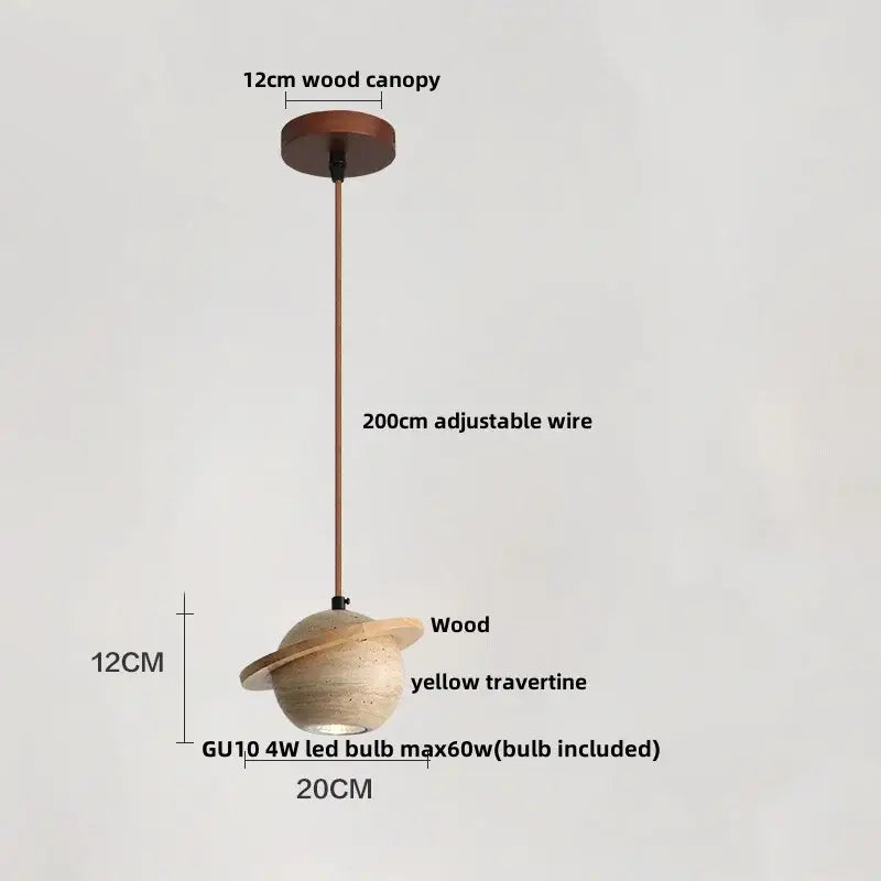 Beige cave stone led pendant light with wood ring featuring a yellow travertine sphere and adjustable copper wire by decorbites cave stone