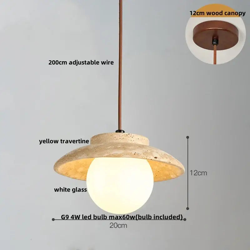 Beige cave stone led pendant light with yellow travertine shade and white glass globe bulb for living room decorbites cave stone