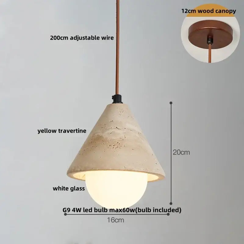 Beige cave stone led pendant light with wood ring featuring a yellow travertine cone shade and copper suspension for living room decorbites cave stone pendant lights