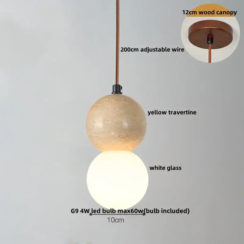 Beige cave stone led pendant light with wood ring featuring yellow travertine and white glass globes for living room decorbites cave stone