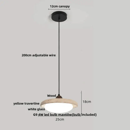 Beige cave stone led pendant light with wood ring featuring a yellow travertine base and white glass diffuser by decorbites cave stone