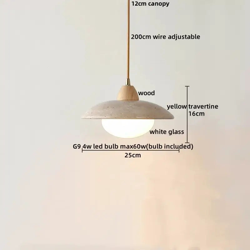 Beige cave stone led pendant light with wood ring featuring a yellow travertine shade and g9 led bulb for living room decorbites cave stone