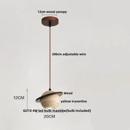 Beige cave stone led pendant lights with wood ring featuring yellow travertine sphere and adjustable copper wire for living room decorbites cave stone