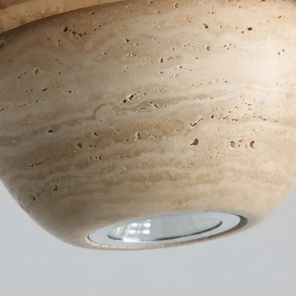 Beige cave stone led pendant light with wood ring featuring smooth natural texture and embedded led bulb for living room decorbites cave stone
