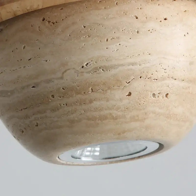 Beige cave stone led pendant light with wood ring featuring smooth natural texture and embedded led bulb for living room decorbites cave stone