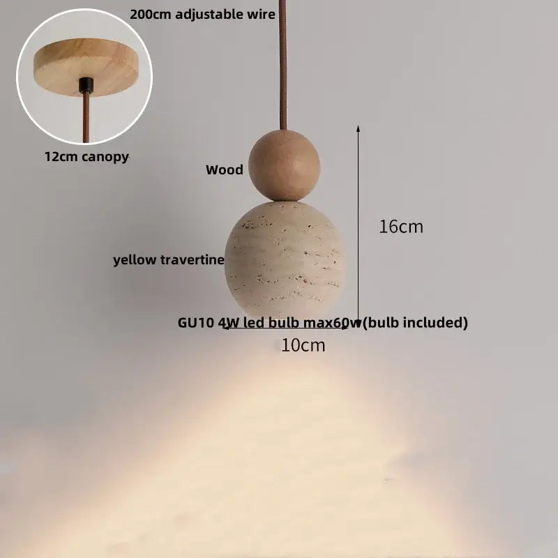 Beige cave stone led pendant light with wood ring featuring natural wood and yellow travertine spheres for living room decorbites cave stone pendant lights