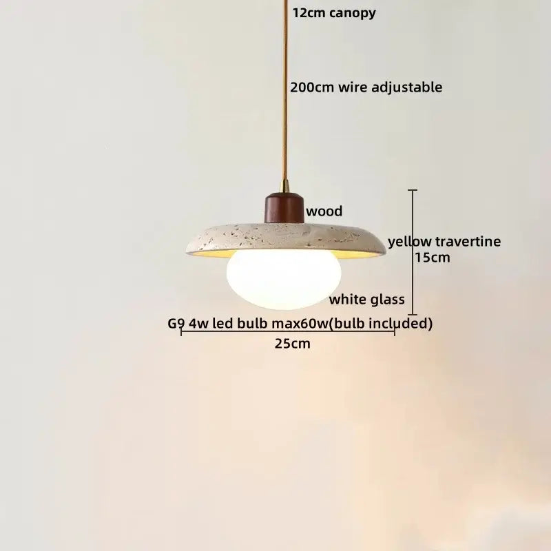 Beige cave stone led pendant lights with a yellow travertine disc wood ring and white glass globe for living room decorbites cave stone