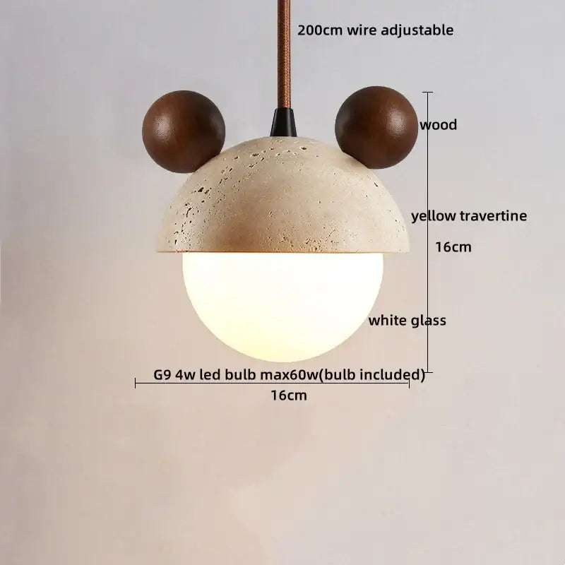Beige cave stone led pendant light with textured yellow travertine dome wood ring and glowing white glass globe for living room decorbites cave stone pendant lights